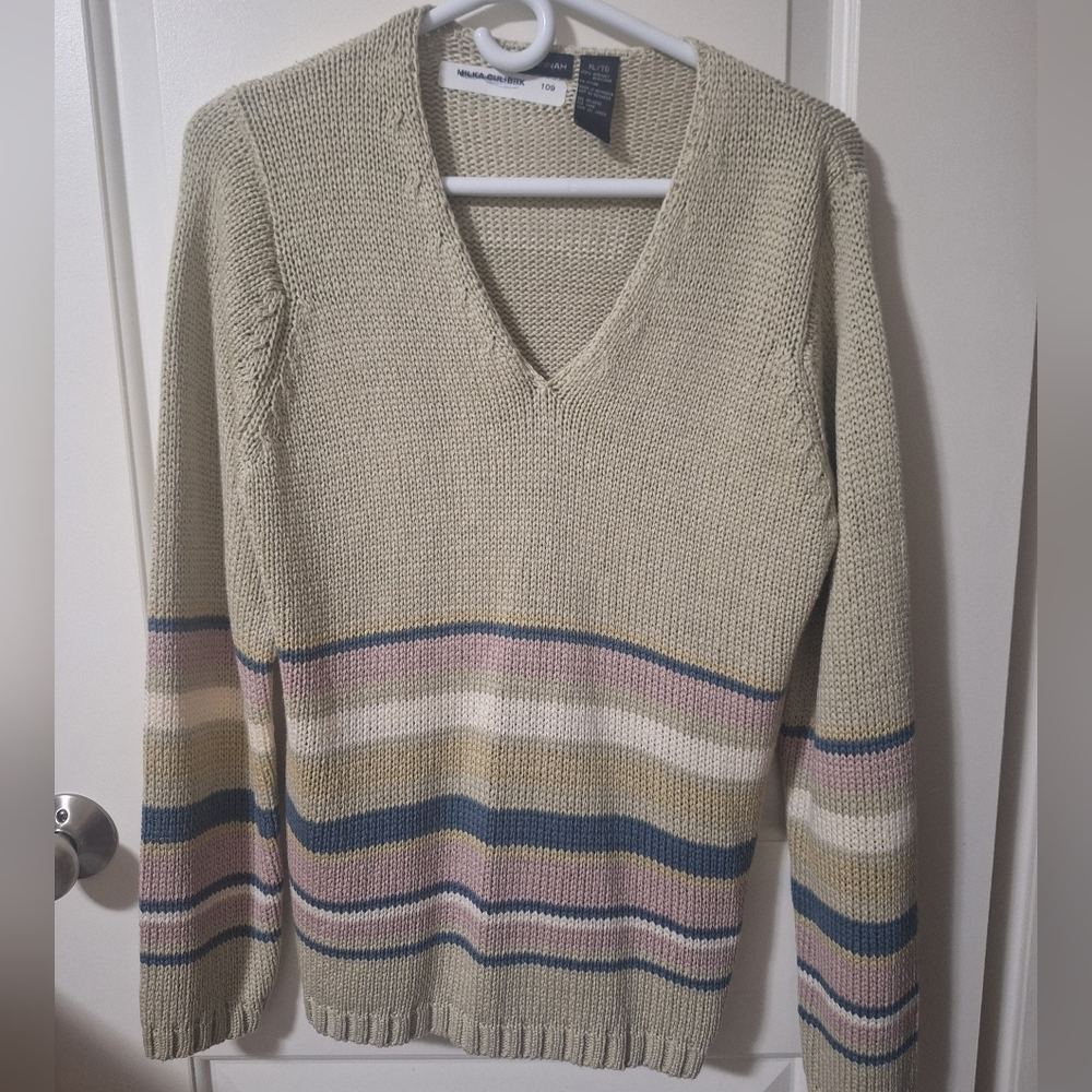 Elegant V-Neck Sweater with Stripes
